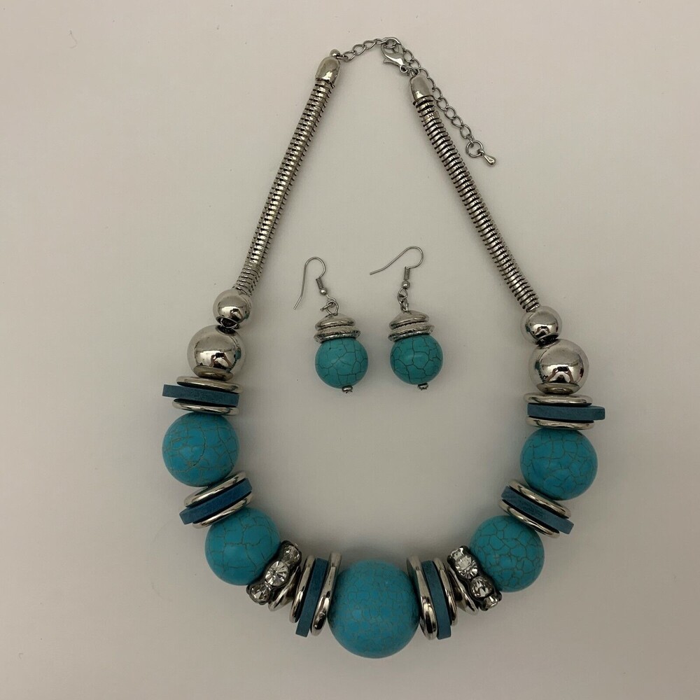 Women's Statement Necklace Dangling Earrings Jewelry Set Aqua Blue Silver-tone